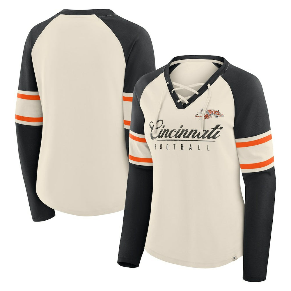 Cincinnati Bengals Women's Hometown Gridiron Hero Raglan Lace-Up V-Neck Long Sleeve T-Shirt Cream/Black