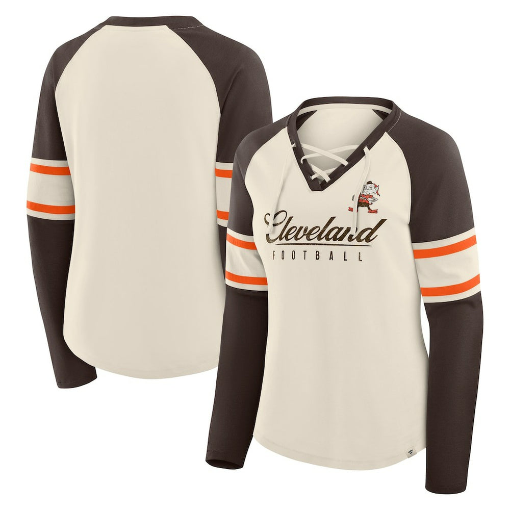Cleveland Browns Women's Hometown Gridiron Hero Raglan Lace-Up V-Neck Long Sleeve T-Shirt Cream/Brown