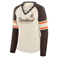 Cleveland Browns Women's Hometown Gridiron Hero Raglan Lace-Up V-Neck Long Sleeve T-Shirt Cream/Brown