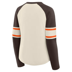 Cleveland Browns Women's Hometown Gridiron Hero Raglan Lace-Up V-Neck Long Sleeve T-Shirt Cream/Brown