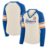 Denver Broncos Women's Hometown Gridiron Hero Raglan Lace-Up V-Neck Long Sleeve T-Shirt Cream/Royal