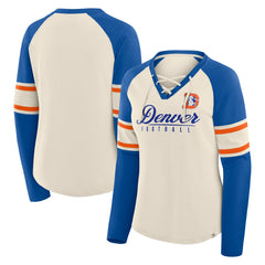 Denver Broncos Women's Hometown Gridiron Hero Raglan Lace-Up V-Neck Long Sleeve T-Shirt Cream/Royal