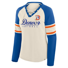 Denver Broncos Women's Hometown Gridiron Hero Raglan Lace-Up V-Neck Long Sleeve T-Shirt Cream/Royal