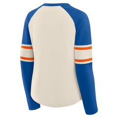 Denver Broncos Women's Hometown Gridiron Hero Raglan Lace-Up V-Neck Long Sleeve T-Shirt Cream/Royal