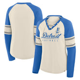 Detroit Lions Women's Hometown Gridiron Hero Raglan Lace-Up V-Neck Long Sleeve T-Shirt Cream/Blue