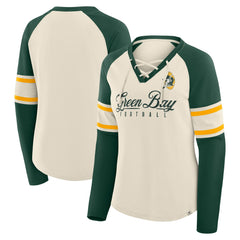 Green Bay Packers Women's Hometown Gridiron Hero Raglan Lace-Up V-Neck Long Sleeve T-Shirt Cream/Green