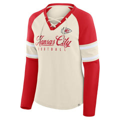 Kansas City Chiefs Women's Hometown Gridiron Hero Raglan Lace-Up V-Neck Long Sleeve T-Shirt Cream/Red