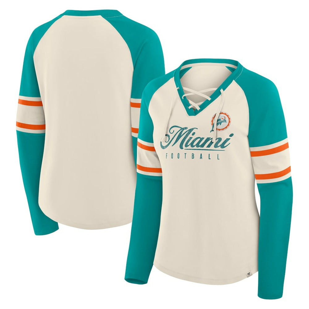 Miami Dolphins Women's Hometown Gridiron Hero Raglan Lace-Up V-Neck Long Sleeve T-Shirt Cream/Aqua