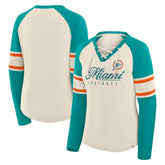 Miami Dolphins Women's Hometown Gridiron Hero Raglan Lace-Up V-Neck Long Sleeve T-Shirt Cream/Aqua