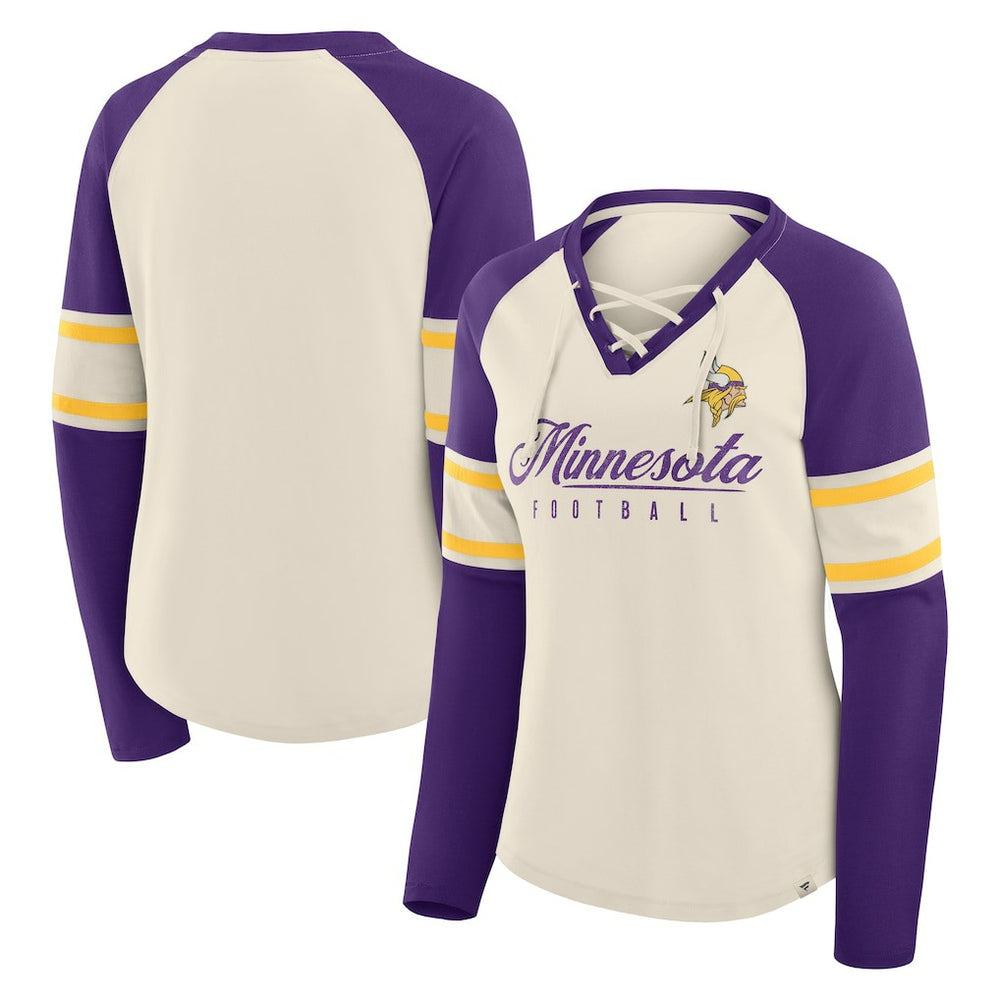 Minnesota Vikings Women's Hometown Gridiron Hero Raglan Lace-Up V-Neck Long Sleeve T-Shirt Cream/Purple