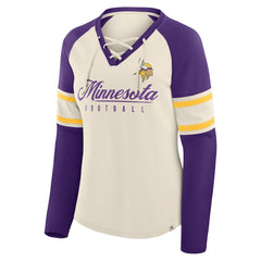 Minnesota Vikings Women's Hometown Gridiron Hero Raglan Lace-Up V-Neck Long Sleeve T-Shirt Cream/Purple
