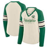 Philadelphia Eagles Women's Hometown Gridiron Hero Raglan Lace-Up V-Neck Long Sleeve T-Shirt Cream/Kelly Green