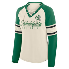 Philadelphia Eagles Women's Hometown Gridiron Hero Raglan Lace-Up V-Neck Long Sleeve T-Shirt Cream/Kelly Green