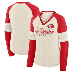 San Francisco 49ers Women's Hometown Gridiron Hero Raglan Lace-Up V-Neck Long Sleeve T-Shirt Cream/Scarlet