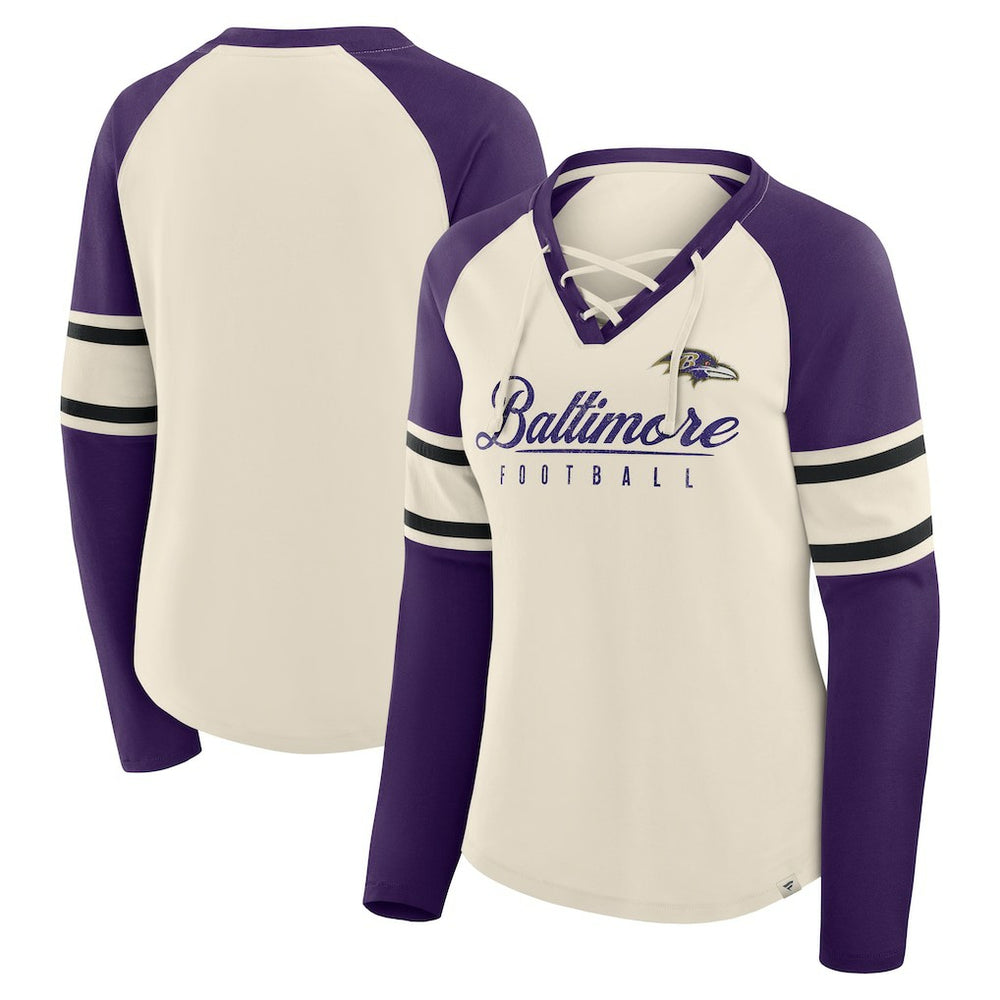 Baltimore Ravens Women's Hometown Gridiron Hero Raglan Lace-Up V-Neck Long Sleeve T-Shirt Cream/Purple