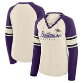 Baltimore Ravens Women's Hometown Gridiron Hero Raglan Lace-Up V-Neck Long Sleeve T-Shirt Cream/Purple