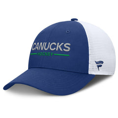 NHL Vancouver Canucks Fanatics Authentic Pro Rink Lockup Adjustable Trucker Hat - Blue/White