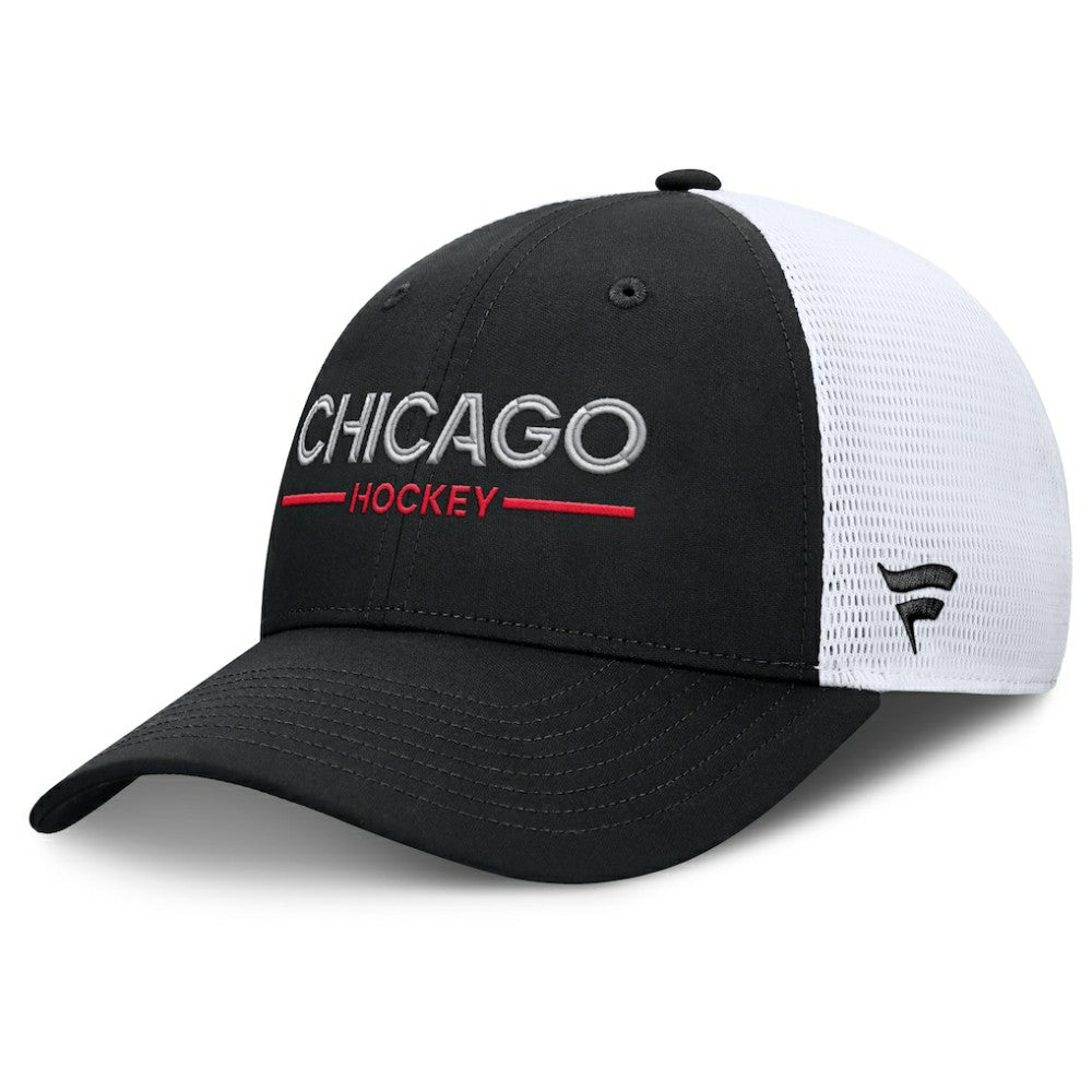NHL Chicago Blackhawks Fanatics Authentic Pro Rink Lockup Adjustable Trucker Hat - Black/White