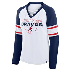 Atlanta Braves Fanatics Women's Blitz Package Raglan Lace-Up V-Neck Long Sleeve T-Shirt - White/Navy T-shirts