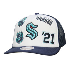 NHL Seattle Kraken Mitchell & Ness Gridlock Trucker Adjustable Hat - White/Deep Sea Blue