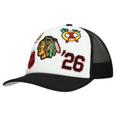 NHL Chicago Blackhawks Mitchell & Ness Gridlock Trucker Adjustable Hat - White/Black