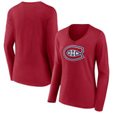NHL Montreal Canadiens Women's Primary Logo Long Sleeve V-Neck T-Shirt - Red