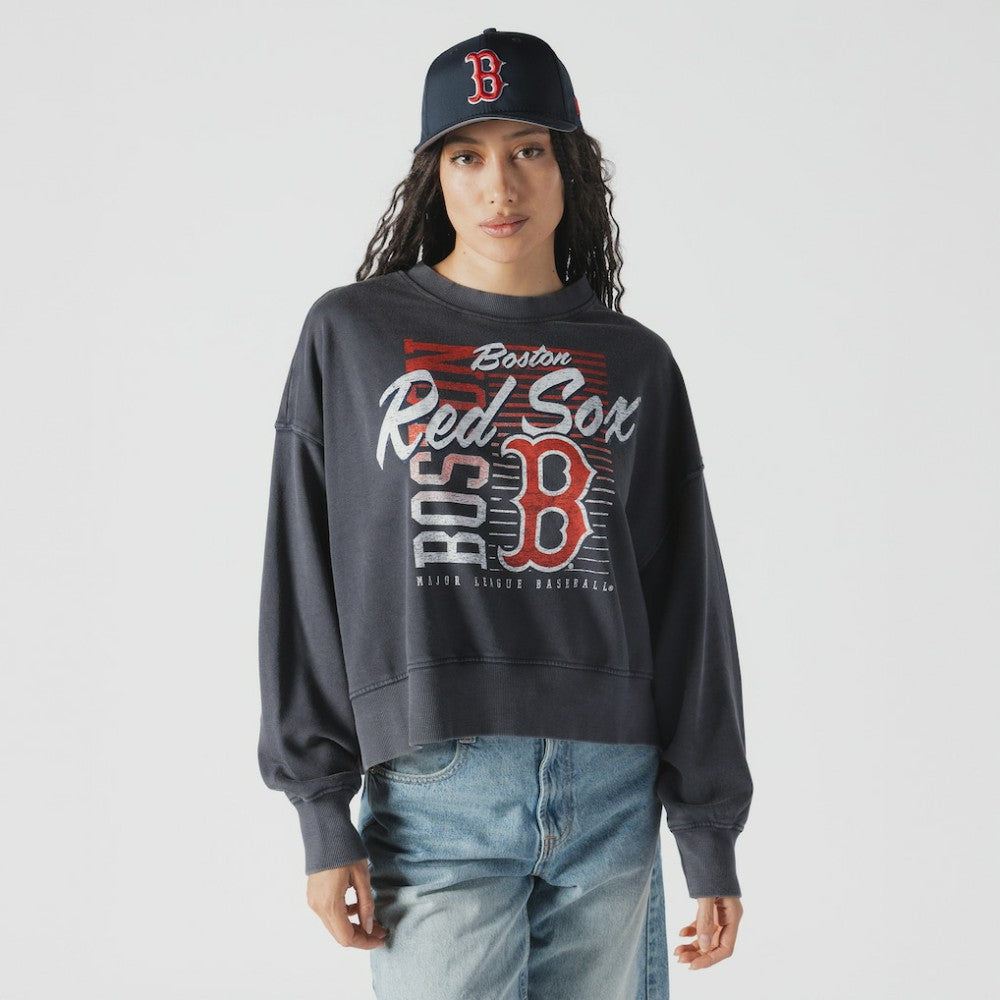 Boston Red Sox New Era Women's Boxy Mineral Wash Dolmen Sleeve Cropped Sweatshirt - Navy Sweatshirts