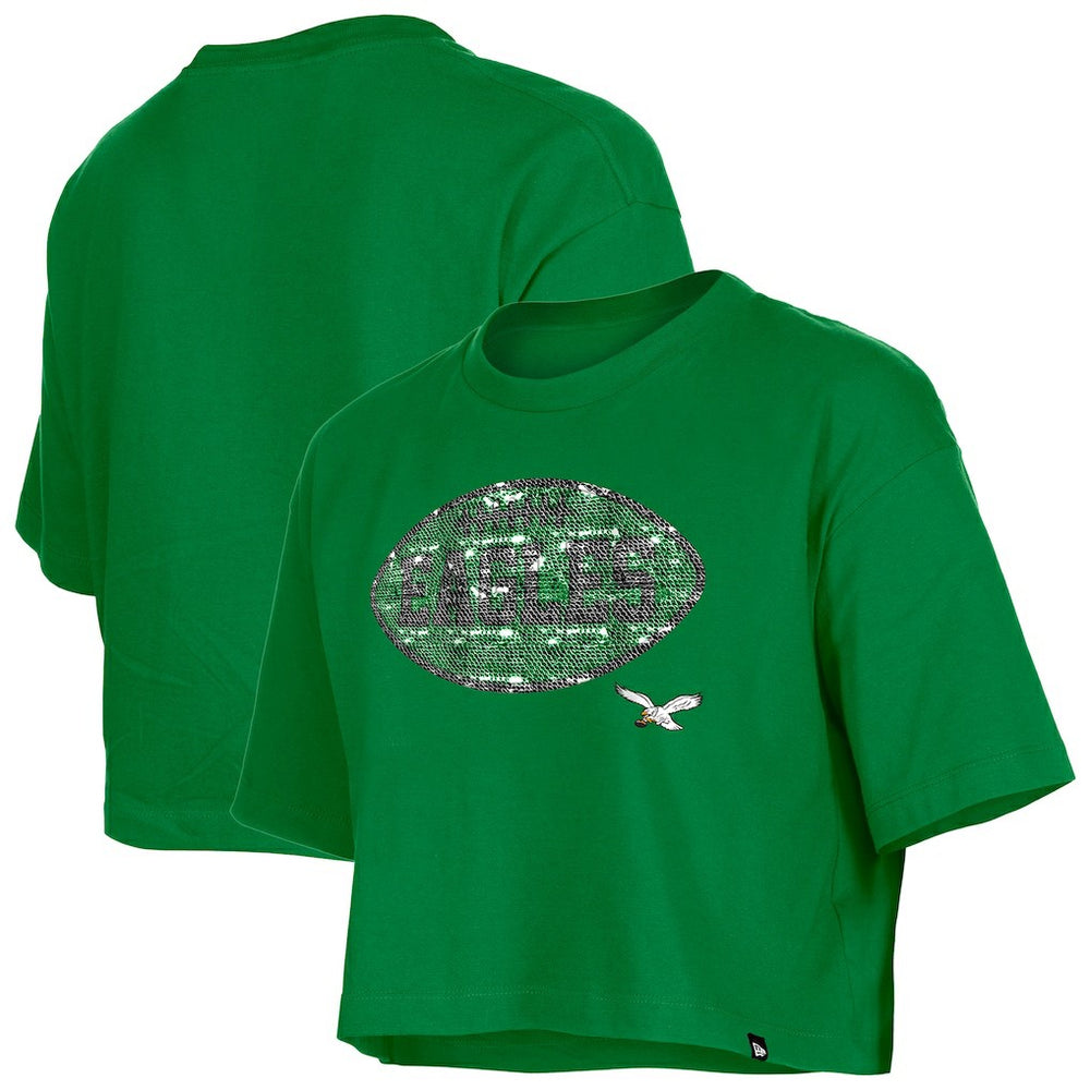 Philadelphia Eagles New Era Girl's Flip Sequin Boxy T-Shirt Kelly Green