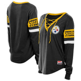 Pittsburgh Steelers New Era Women's Throwback Lace-Up Long-Sleeve T-Shirt Black