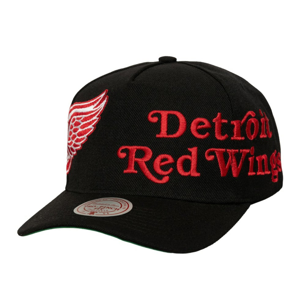 NHL Detroit Red Wings Mitchell & Ness Busted Logo Wordmark Wrap-Around Pro Pinch Adjustable Hat - Black