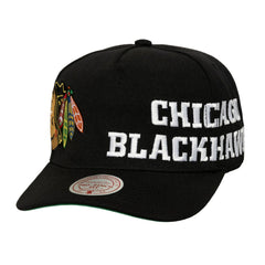 NHL Chicago Blackhawks Mitchell & Ness Busted Logo Wordmark Wrap Around Pro Pinch Adjustable Hat - Black
