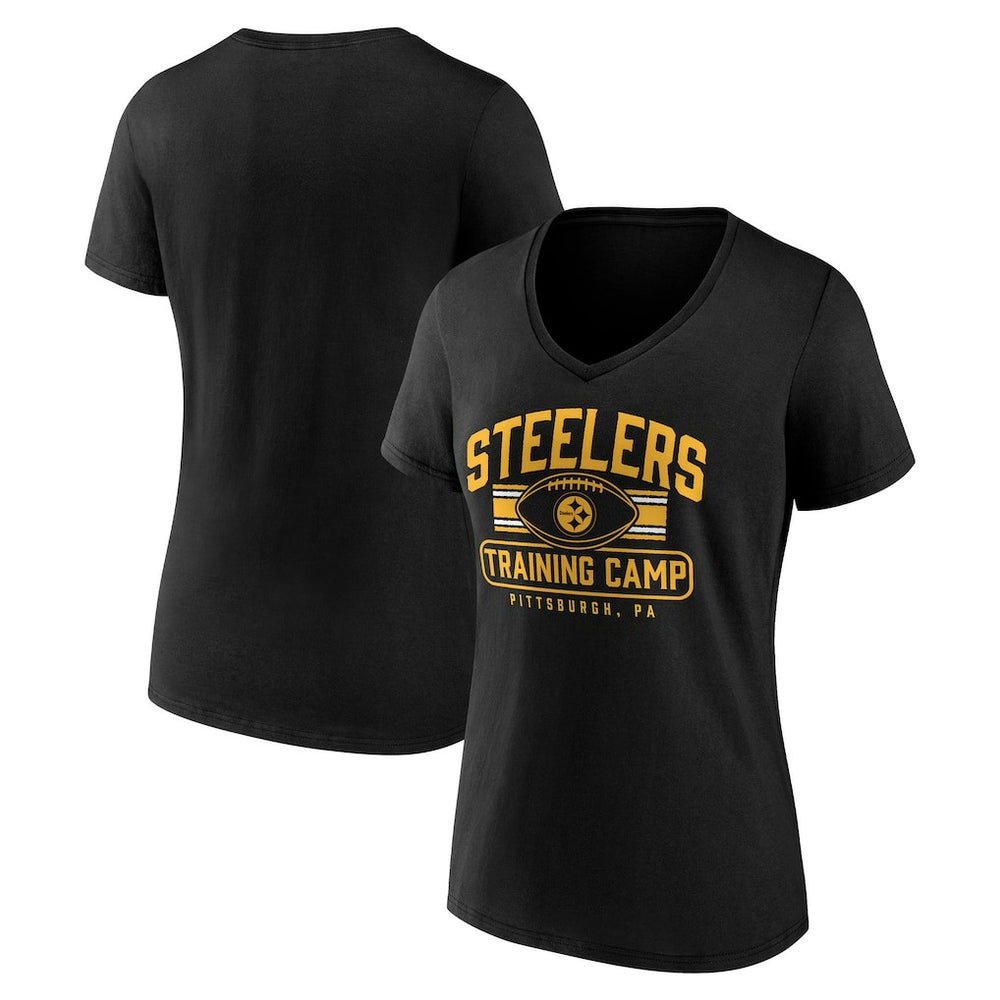 Pittsburgh Steelers Women's Training Camp Stripe V-Neck T-Shirt Black