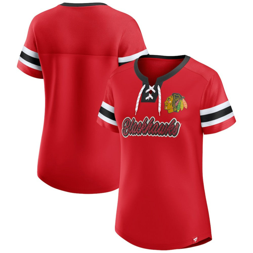 NHL Chicago Blackhawks Fanatics Women's Iconic Athena Lace-Up T-Shirt - Red