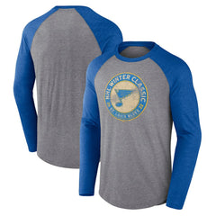 NHL St. Louis Blues Fanatics 2022 NHL Winter Classic Vintage Distressed Raglan Tri-Blend Long Sleeve T-Shirt - Heather Gray/Heather Blue