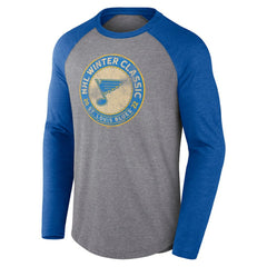 NHL St. Louis Blues Fanatics 2022 NHL Winter Classic Vintage Distressed Raglan Tri-Blend Long Sleeve T-Shirt - Heather Gray/Heather Blue