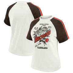 Cleveland Browns WEAR by Erin Andrews Women's Sleeve Stripe Distressed Raglan T-Shirt White