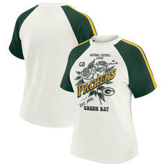 Green Bay Packers WEAR by Erin Andrews Women's Sleeve Stripe Distressed Raglan T-Shirt White