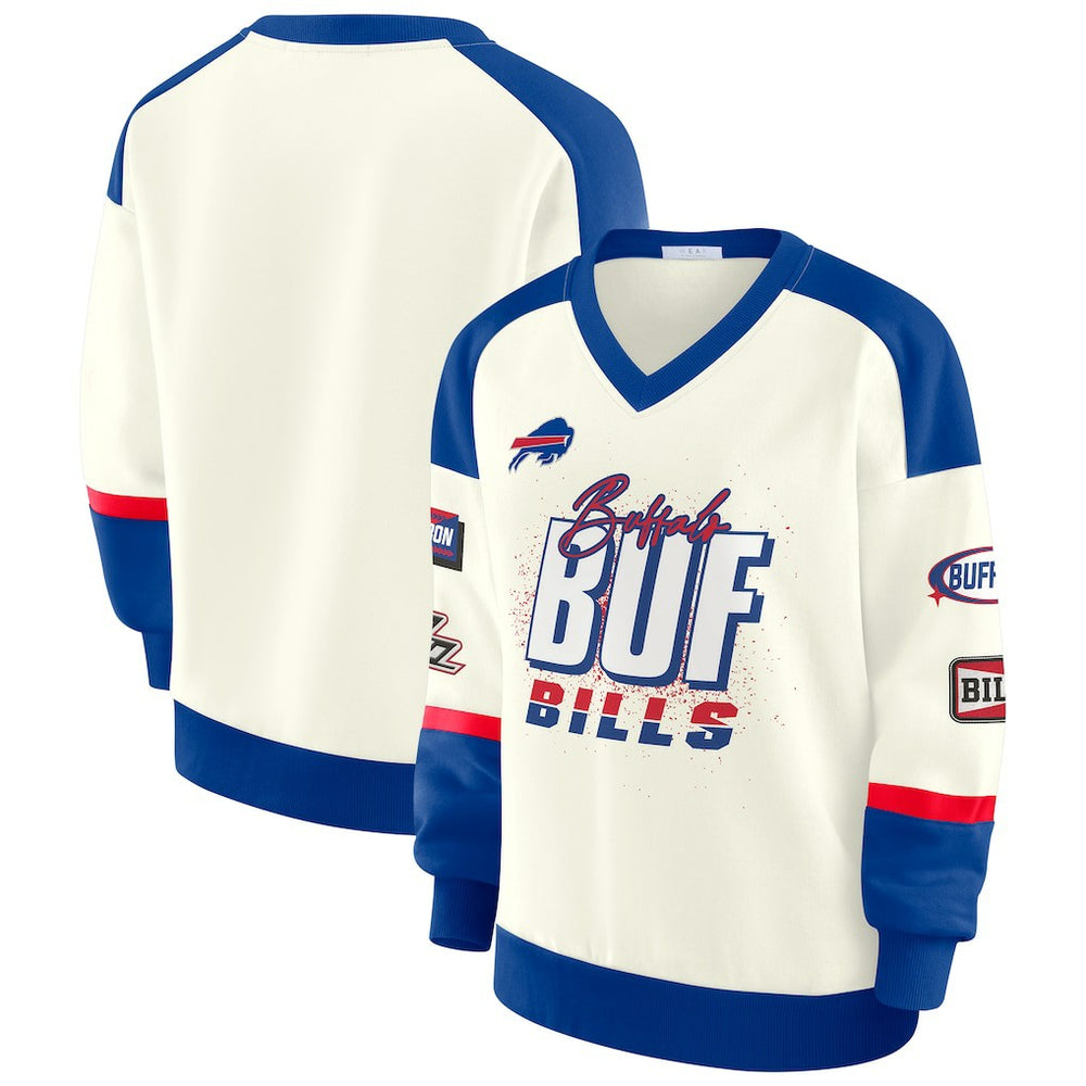 Buffalo Bills WEAR by Erin Andrews Women's Racing Crew V-Neck Sweatshirt Cream