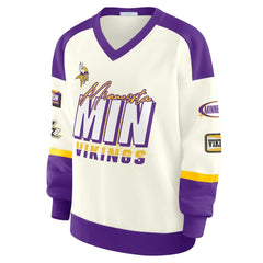 Minnesota Vikings WEAR by Erin Andrews Women's Racing Crew V-Neck Sweatshirt Cream