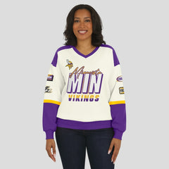 Minnesota Vikings WEAR by Erin Andrews Women's Racing Crew V-Neck Sweatshirt Cream