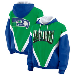 Seattle Seahawks WEAR by Erin Andrews Women's Plus Size Retro Crinkle Full-Zip Hoodie Windbreaker Jacket Kelly Green/Royal