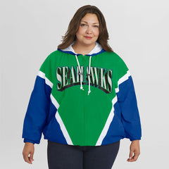 Seattle Seahawks WEAR by Erin Andrews Women's Plus Size Retro Crinkle Full-Zip Hoodie Windbreaker Jacket Kelly Green/Royal