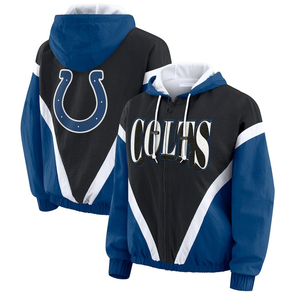 Indianapolis Colts WEAR by Erin Andrews Women's Plus Size Retro Crinkle Full-Zip Hoodie Windbreaker Jacket Black/Royal