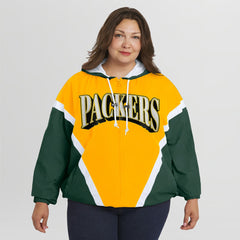 Green Bay Packers WEAR by Erin Andrews Women's Plus Size Retro Crinkle Full-Zip Hoodie Windbreaker Jacket Gold/Green