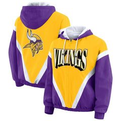 Minnesota Vikings WEAR by Erin Andrews Women's Plus Size Retro Crinkle Full-Zip Hoodie Windbreaker Jacket Gold/Purple