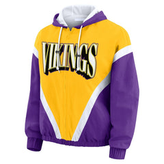 Minnesota Vikings WEAR by Erin Andrews Women's Plus Size Retro Crinkle Full-Zip Hoodie Windbreaker Jacket Gold/Purple