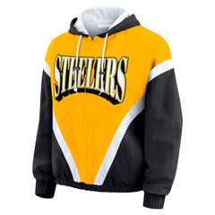 Pittsburgh Steelers WEAR by Erin Andrews Women's Plus Size Retro Crinkle Full-Zip Hoodie Windbreaker Jacket Gold/Black