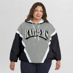 Las Vegas Raiders WEAR by Erin Andrews Women's Plus Size Retro Crinkle Full-Zip Hoodie Windbreaker Jacket Black/Gray