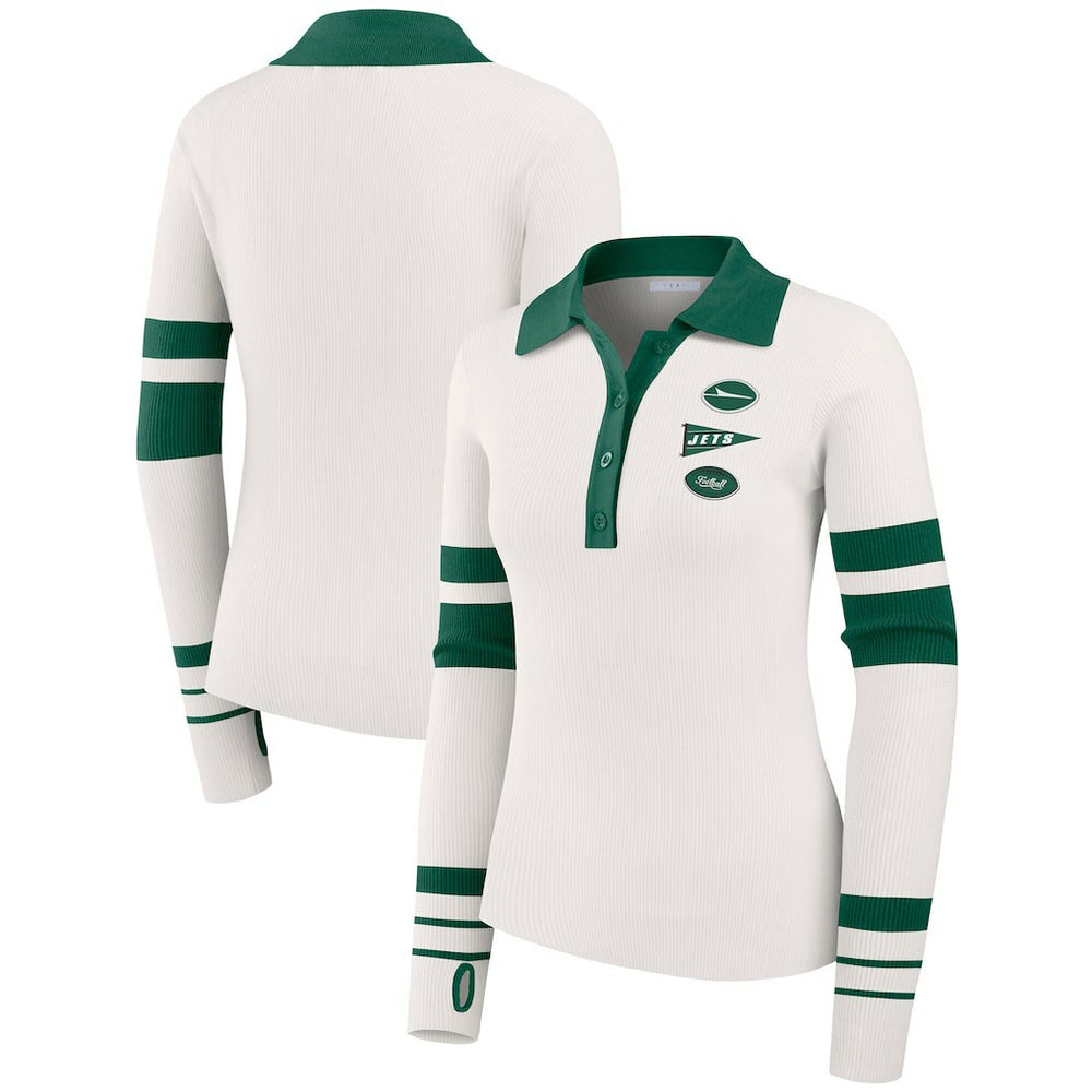 New York Jets WEAR by Erin Andrews Women's Ribbed Henley Polo Sweater White