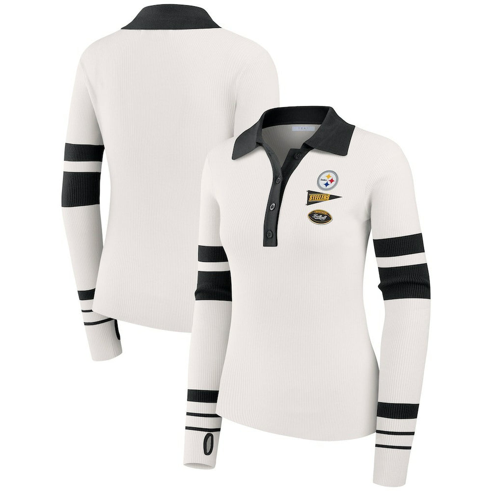 Pittsburgh Steelers WEAR by Erin Andrews Women's Ribbed Henley Polo Sweater White
